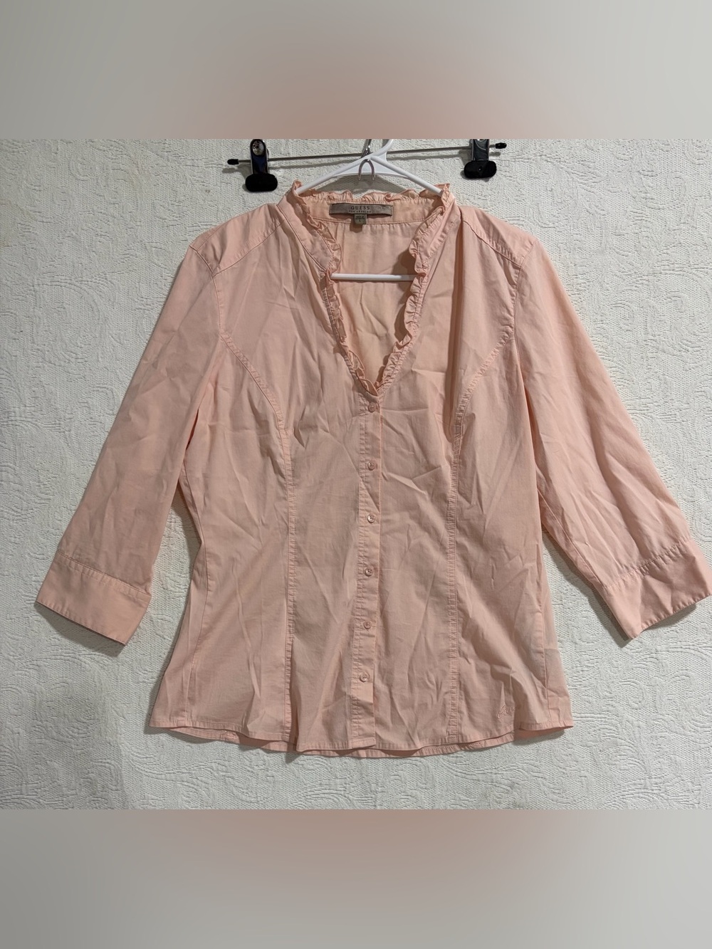 Guess Soft Pink Ruffle V-Neck Button Blouse